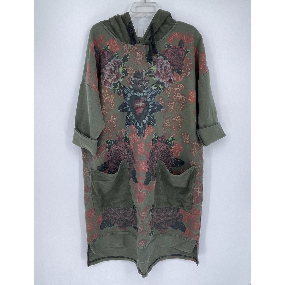 Yesno Women's Green Floral Print Corduroy Trim Hoodie Sweatshirt Dress Size 2X